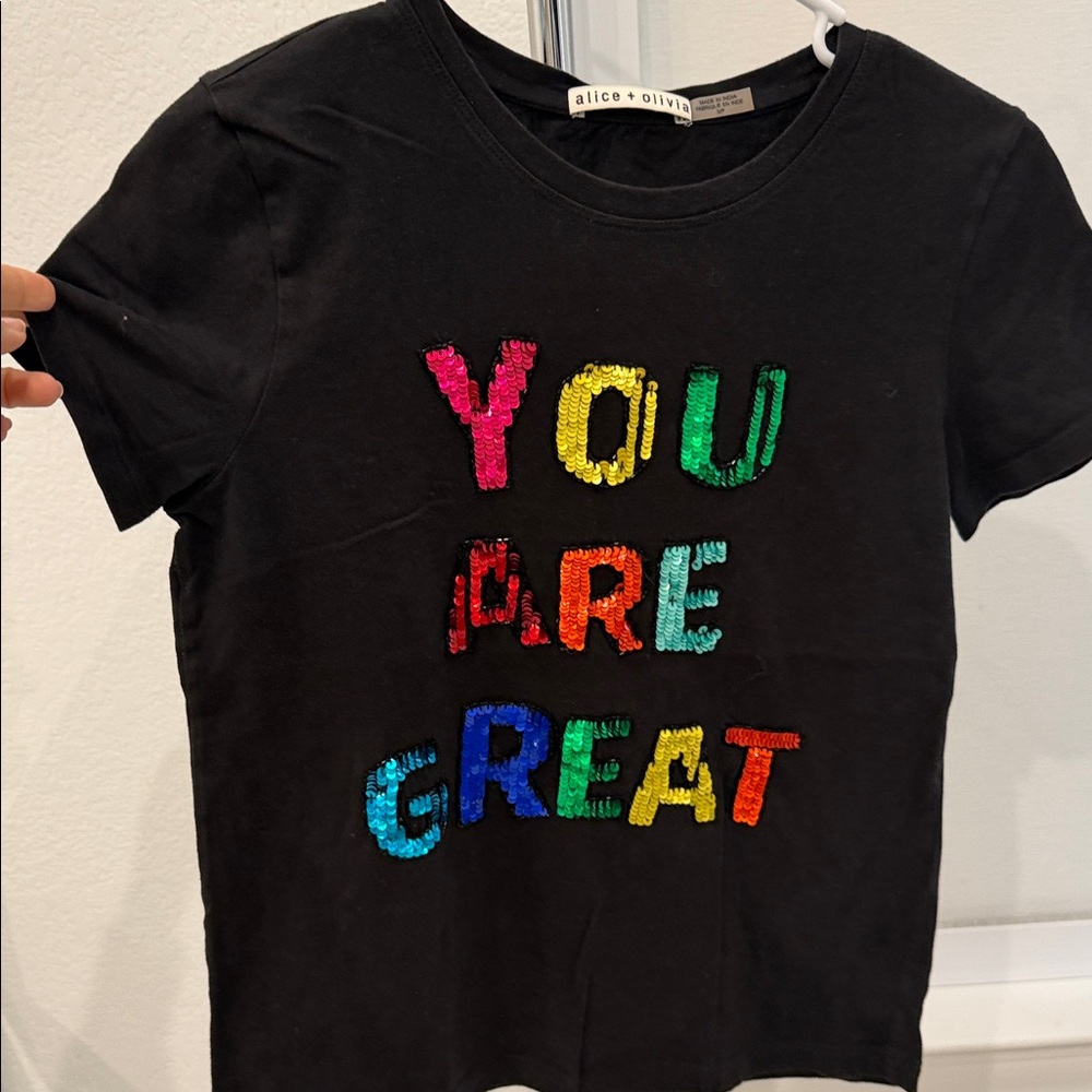 Alice + Olivia Black Sequin 'You Are Great' Graphic Tee